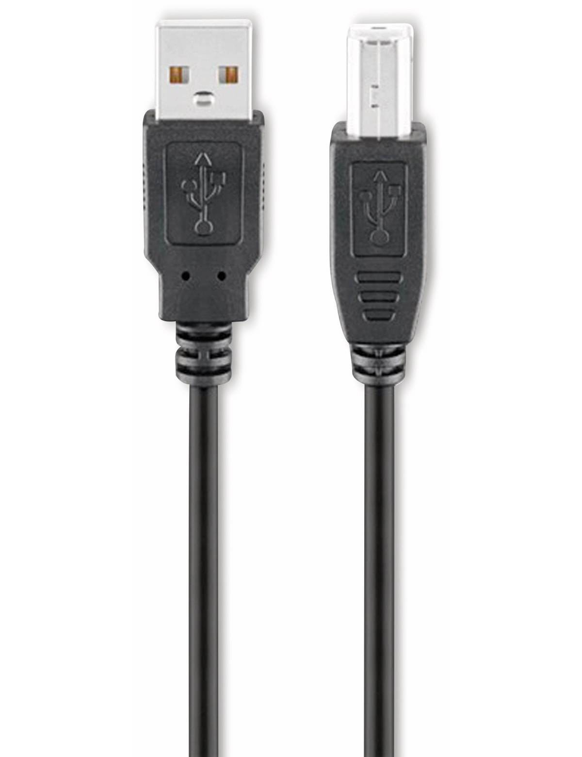 Schwarzes USB-Kabel mit einem Standard-USB-A-Anschluss auf der einen Seite und einem kleineren USB-Mini-B-Anschluss auf der anderen Seite.