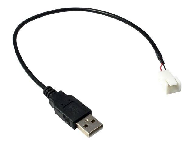 Kurzes USB-zu-2-Pol-Steckerkabel mit schwarzem USB-A-Stecker und weißem Endstecker auf weißem Hintergrund