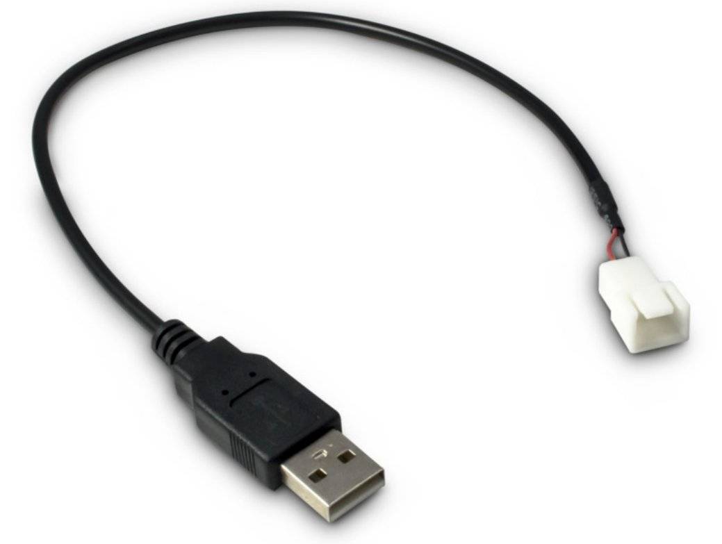 USB-Kabel mit einem Standard-USB-A-Stecker an einem Ende und einem kleinen weißen Anschluss am anderen Ende, gezeigt auf weißem Hintergrund.