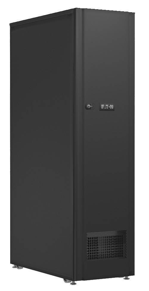 Ein schwarzer Eaton-Serverrack-Schrank mit einer abschließbaren Tür.