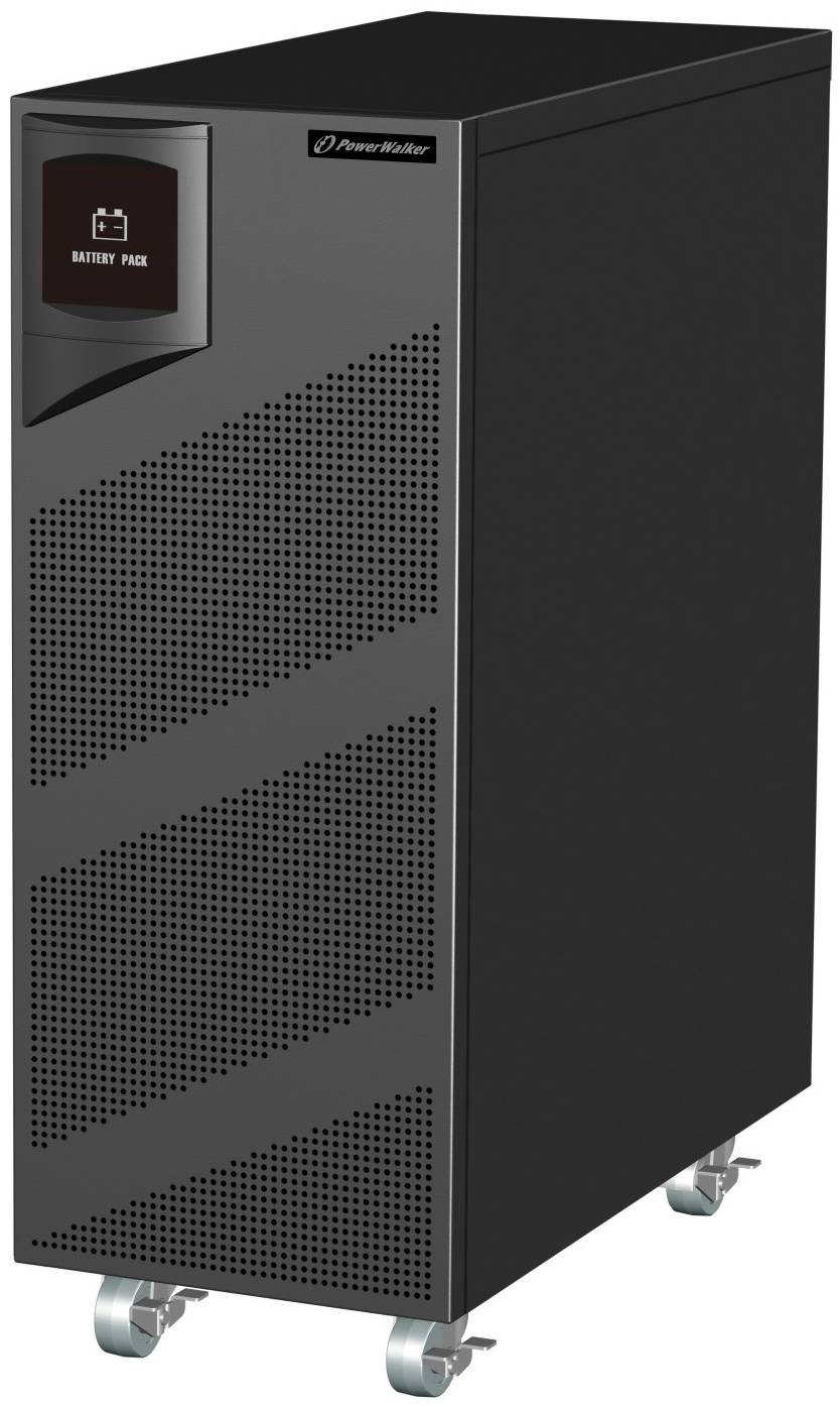 Schwarzer TowerPro-Batteriepackschrank auf Lenkrollen mit perforiertem Frontpaneel und Display, dargestellt auf weißem Hintergrund.