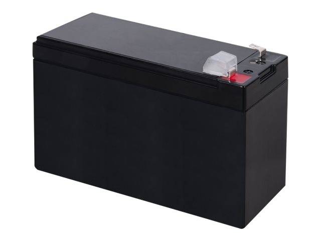 Schwarze rechteckige wiederaufladbare Batterie mit Metallklemmen oben, isoliert auf weißem Hintergrund dargestellt.