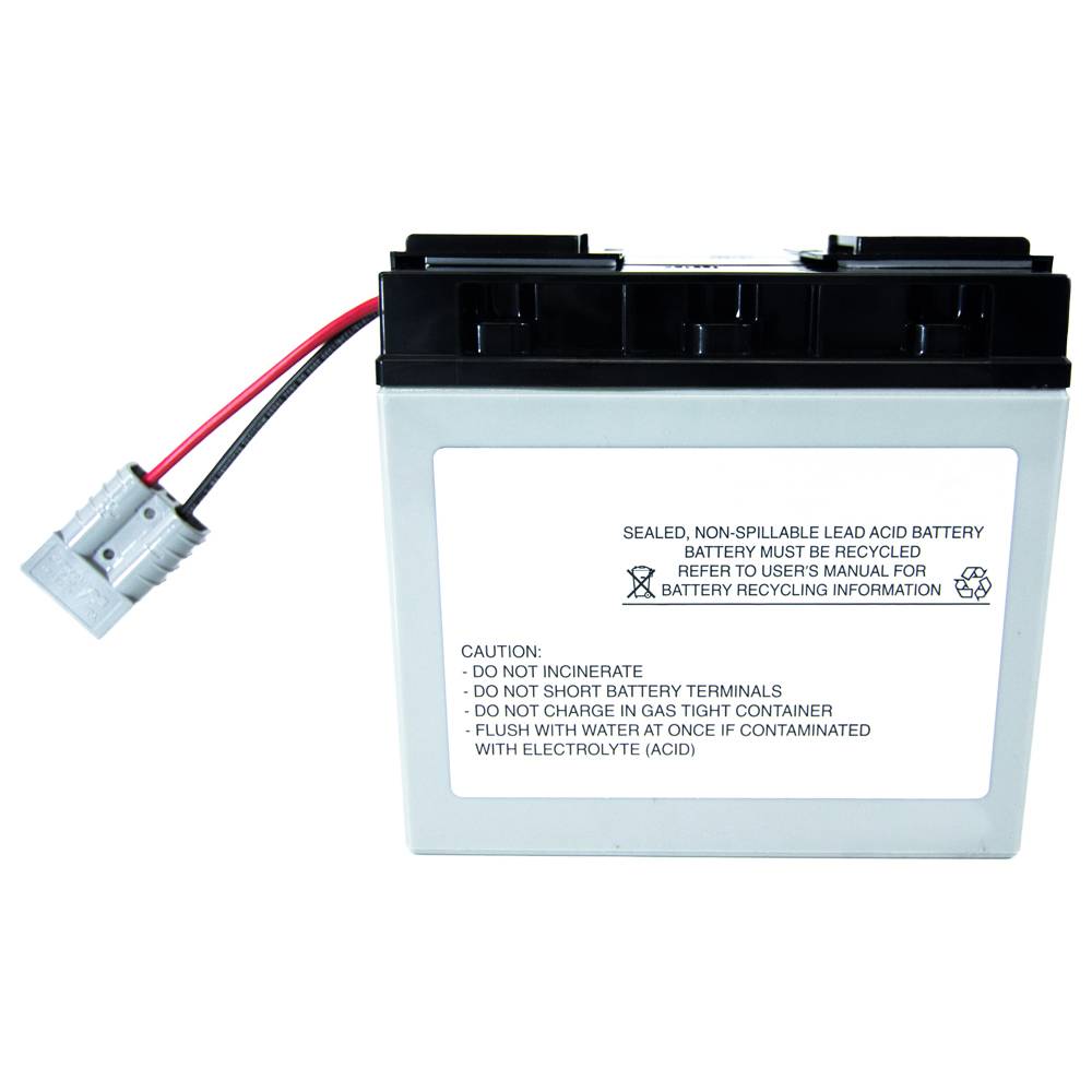 Versiegelte Blei-Säure-Batterie mit angebrachtem Stromstecker und Warnschild zu Recycling und Sicherheitsvorkehrungen.