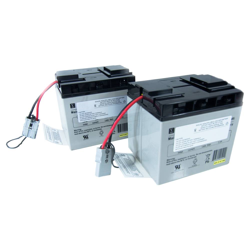 Zwei versiegelte Bleisäurebatterien mit roten und schwarzen Kabeln und grauen Steckverbindern, gezeigt auf weißem Hintergrund.
