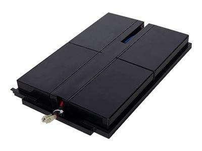 Schwarzes rechteckiges Batteriepack mit Schalter und Anschlüssen, dargestellt auf weißem Hintergrund.