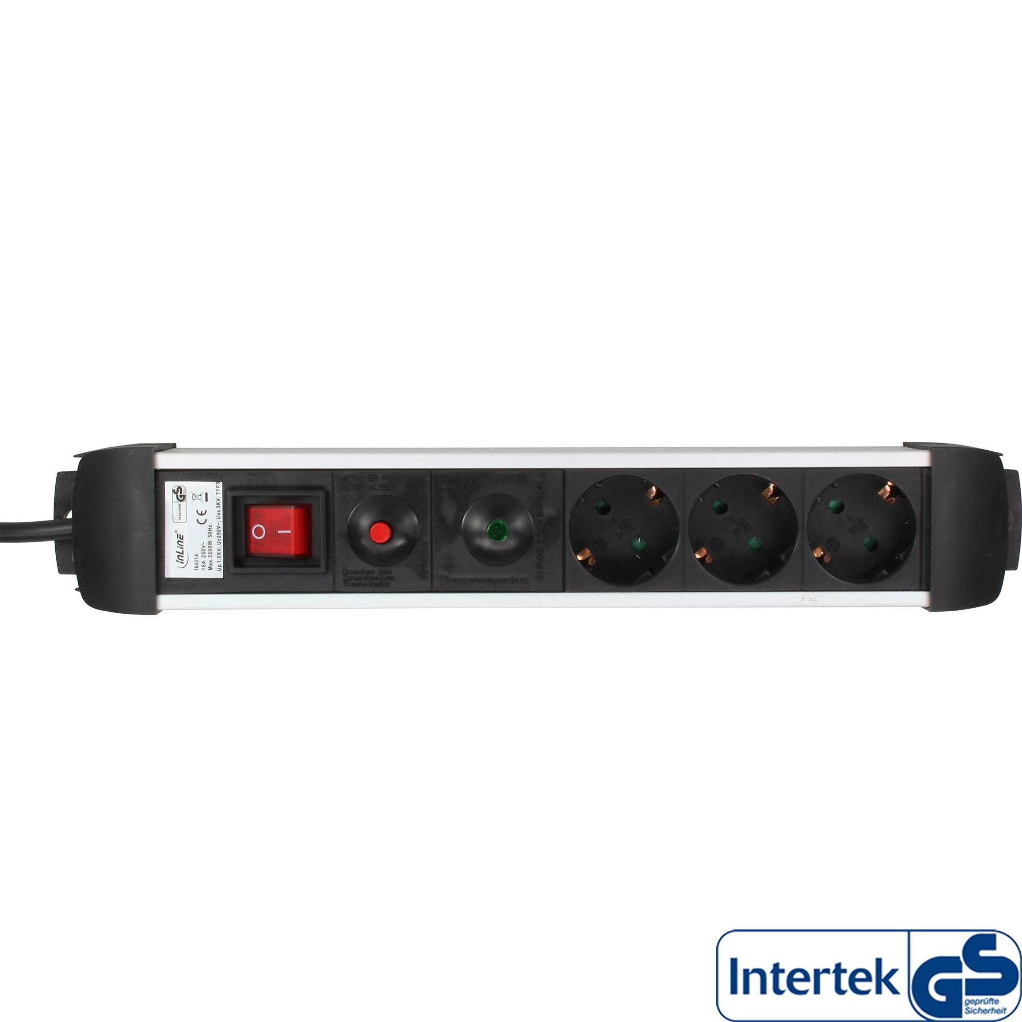 INLINE - Steckdosenleiste Alu - 3-fach Schutzkontakt - mit Ü-Schutz - Schalter - 1,5m
