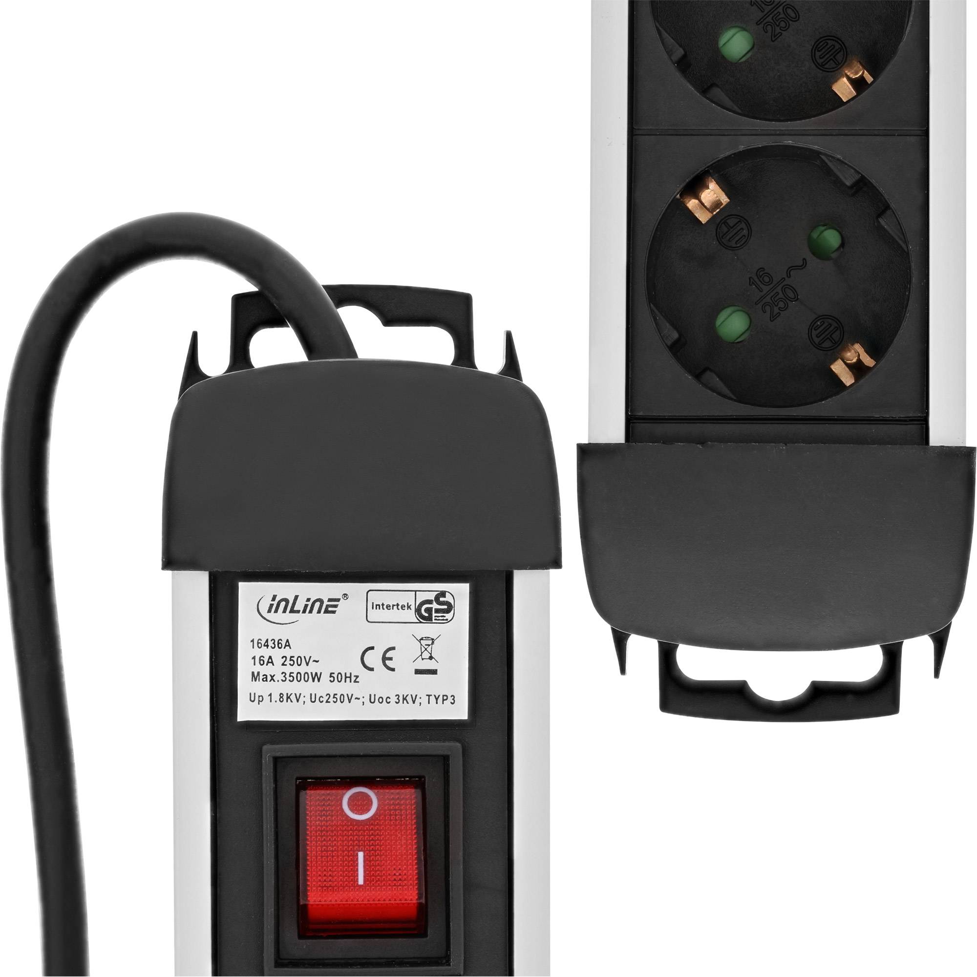 INLINE - Steckdosenleiste Alu - 3-fach Schutzkontakt - mit Ü-Schutz - Schalter - 1,5m