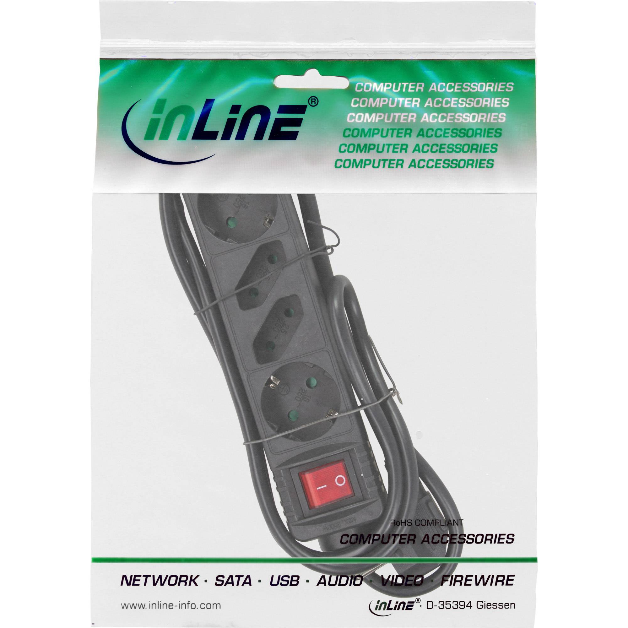 INLINE - Steckdosenleiste - 4-fach - 2x Schutzkontakt + 2x Euro - schwarz - 5m