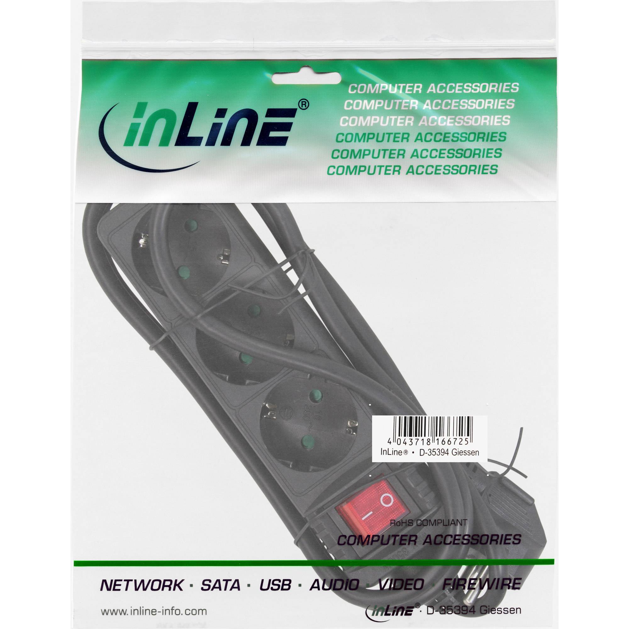 INLINE - Steckdosenleiste - 3-fach Schutzkontakt - mit Schalter - schwarz - 5m