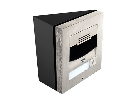 Eine moderne wandmontierte Metall-Sprechanlage oder Briefkasten-Einheit mit schwarzem Seitengehäuse, silbernem Frontpanel, Briefschlitz und Namensschild-Bereich.