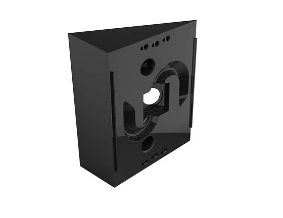 Schwarzes rechteckiges mechanisches Bauteil in 3D-Darstellung mit einer zentralen kreisförmigen Öffnung und gekrümmtem inneren Kanal auf weißem Hintergrund.