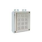 Eine Tastatur mit einem Raster aus 12 Tasten, die in vier Reihen angeordnet sind und an einer Wand montiert sind. Jede Taste zeigt eine Ziffer von 0 bis 9 sowie Symbole an.