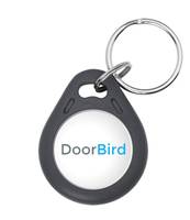 Schwarzer ovaler DoorBird-Schlüsselanhänger mit silbernem Metallring und dem 'DoorBird'-Logo in der Mitte.
