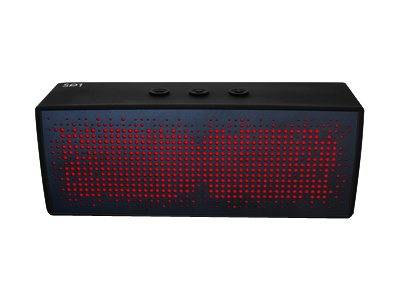 Schwarzer rechteckiger LED-Punktmatrix-Lautsprecher mit drei Tasten oben und roten Anzeigelichtern über die Front.