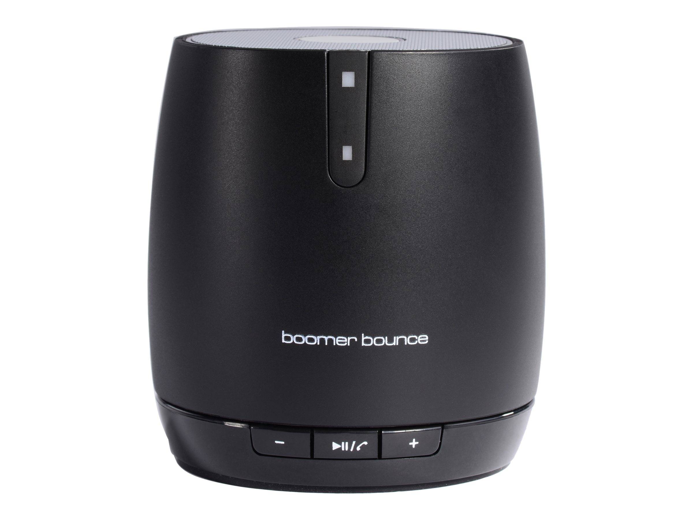 Black Boomer Bounce Bluetooth-Lautsprecher mit Steuertasten oben und Logo vorne, gezeigt auf weißem Hintergrund.