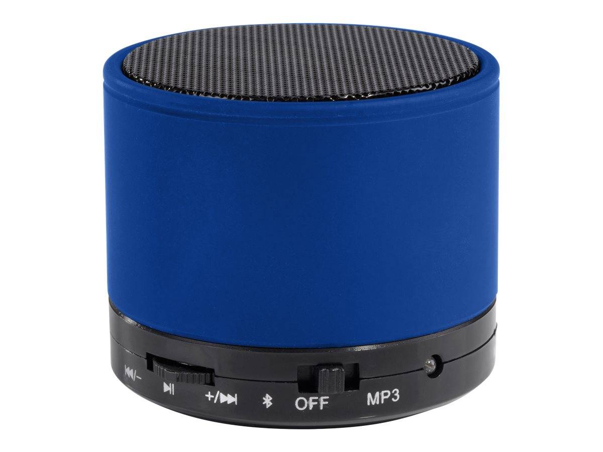 Blauer tragbarer Bluetooth-MP3-Lautsprecher mit Kohlefaser-Ober- und Unterseite sowie Bedienfeld, dargestellt auf weißem Hintergrund.