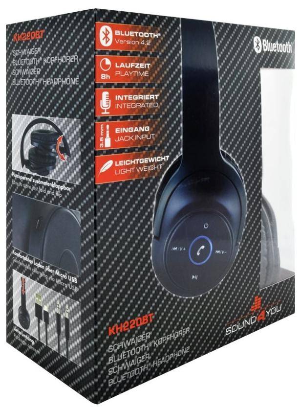Verpackung der 'Sound2You KH620BT' drahtlosen Kopfhörer in Schwarz mit Details zu Funktionen: 8h Akkulaufzeit, integriertes Mikrofon und leichte Bauweise.