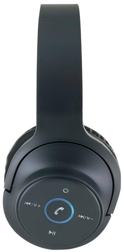 Eine Nahaufnahme schwarzer Over-Ear-Kopfhörer, die sich auf den Kopfbügel und das Ohrpolster konzentriert und das Design und die Materialtextur präsentiert.