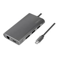 USB-C-Hub-Adapter mit Ethernet, HDMI und USB-Anschlüssen, gezeigt mit angeschlossenem USB-C-Kabel.