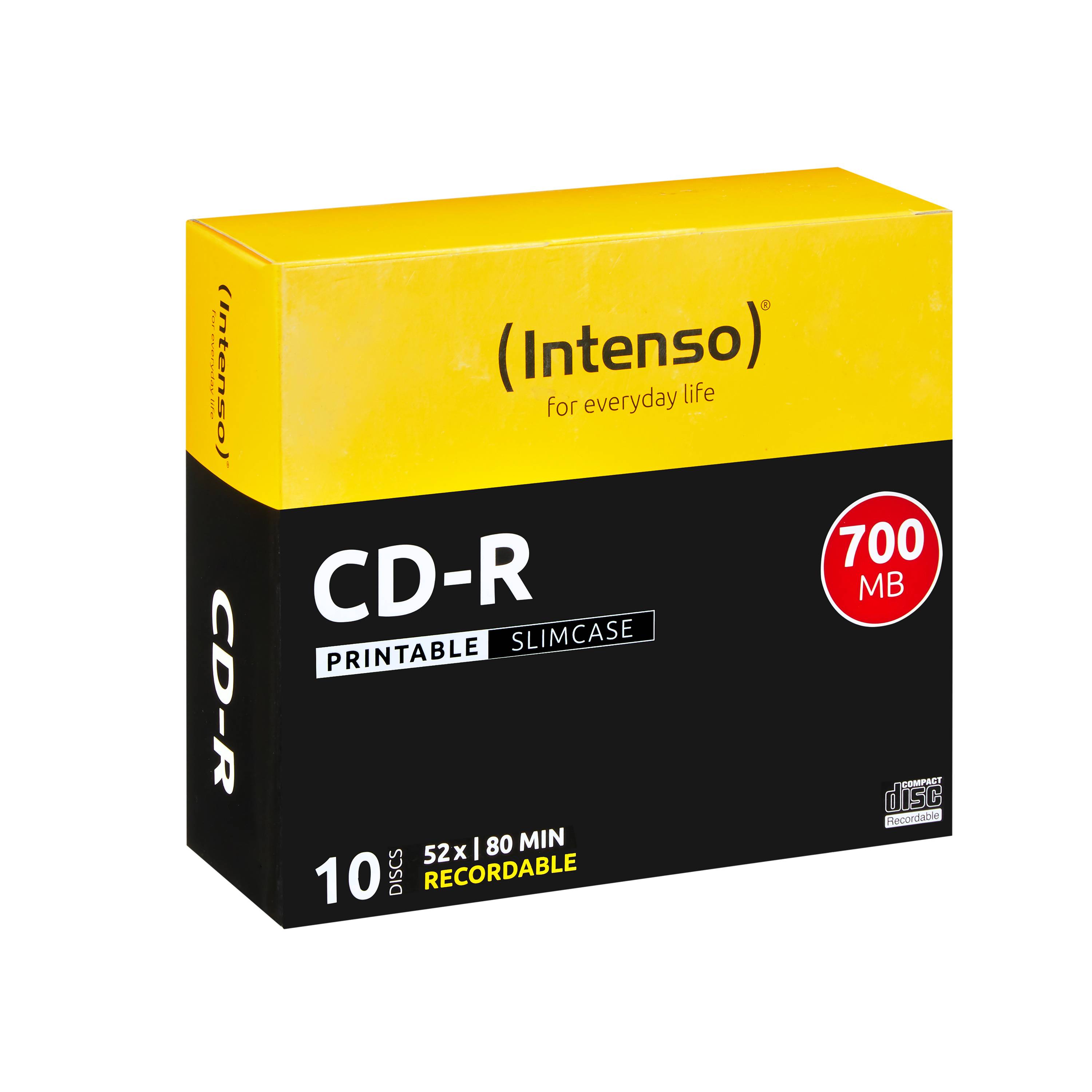 Schachtel mit Intenso CD-R bedruckbare Slim-Case Discs, 10er-Pack, 700 MB, 52x, 80 Min. Aufnahmekapazität.