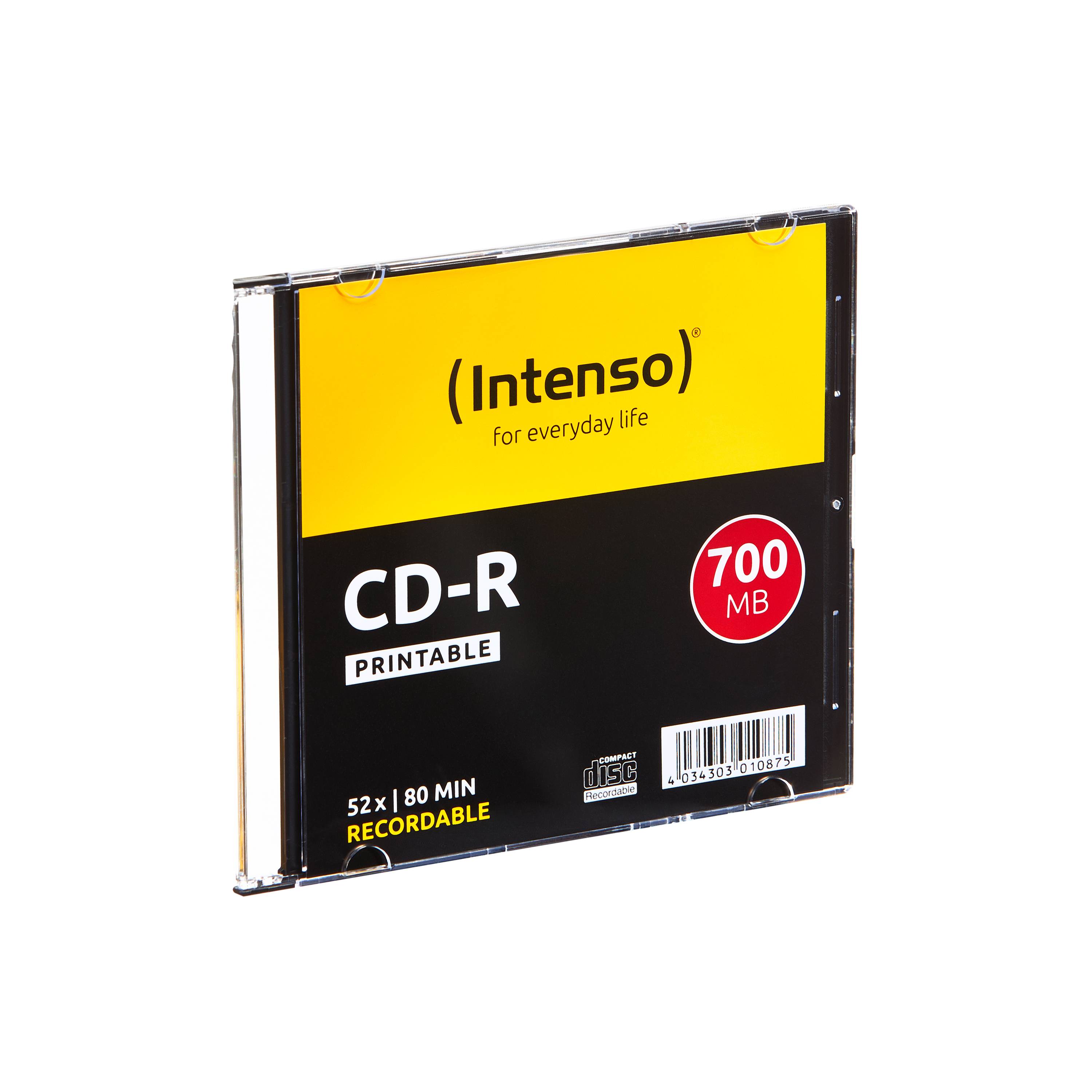 Intenso bedruckbare CD-R Packung, 700 MB, 52x 80 Minuten beschreibbare Scheibe in einem Schmuckkasten.