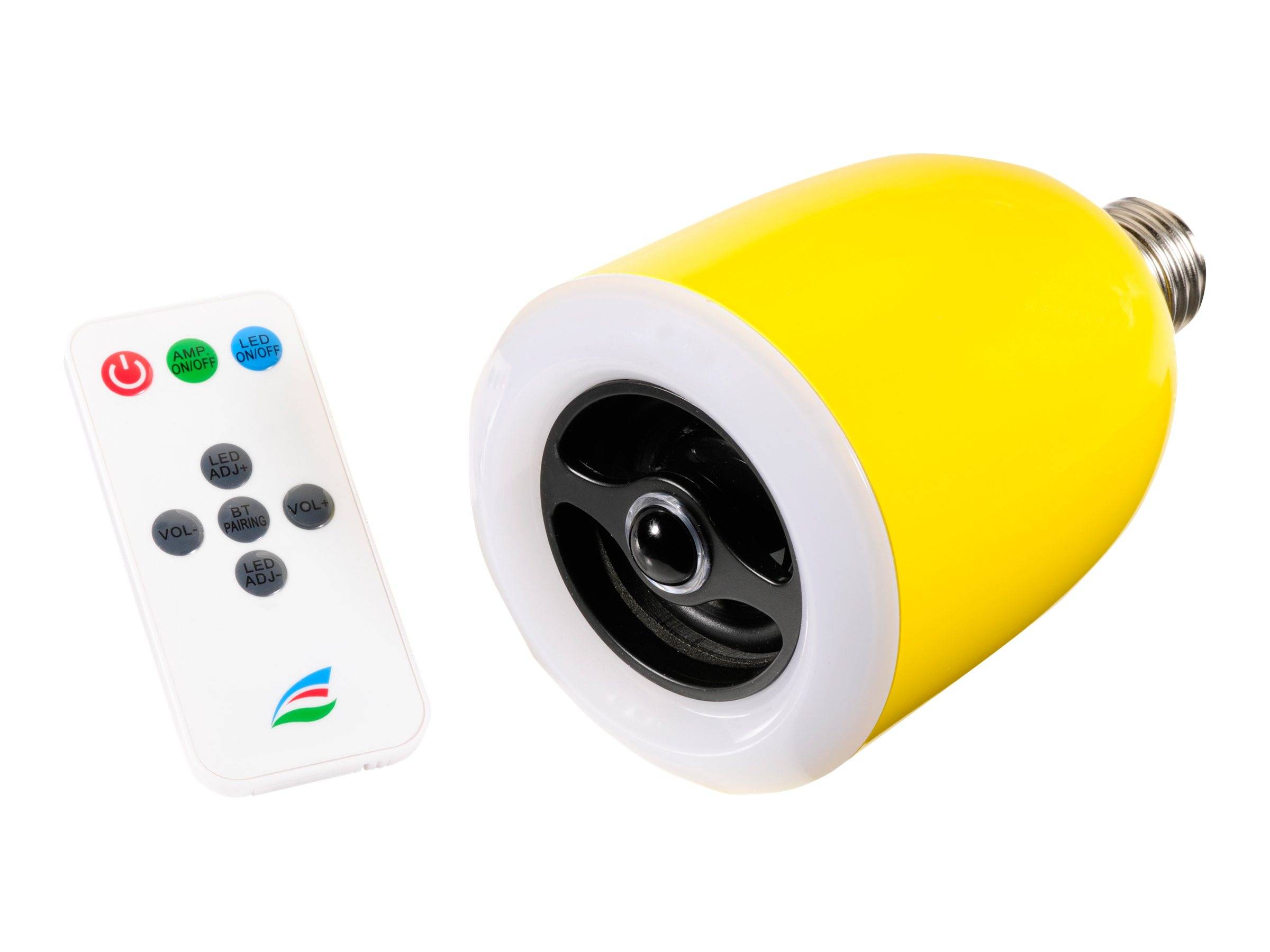 Ferngesteuerte LED-Glühbirne mit einer weißen Fernbedienung mit Power-, Farb- und Modusschaltflächen.