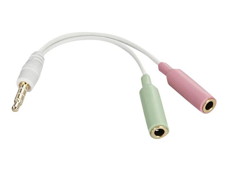 Weißes Audio-Splitter-Kabel mit einem 3,5-mm-Stecker und zwei Buchsen, eine grün und eine rosa, für Kopfhörer oder Lautsprecher.