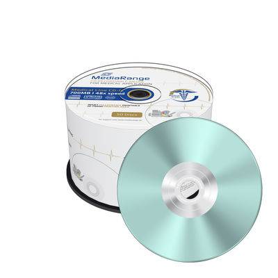 MediaRange CD-R Spindel-Pack mit einer türkisen Rohling-Disc vorne, gekennzeichnet für 700 MB/80 min Datenspeicherung.