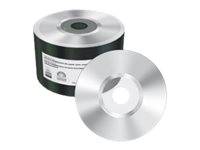 Stapel glänzender leerer optischer Discs in einer schwarzen Lagerspindel, mit einer Disc, die vorne angelehnt ist.