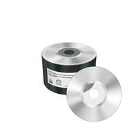 Ein Stapel leerer optischer Discs in einer Spindel mit einer Disc, die vorne angelehnt ist, auf weißem Hintergrund.