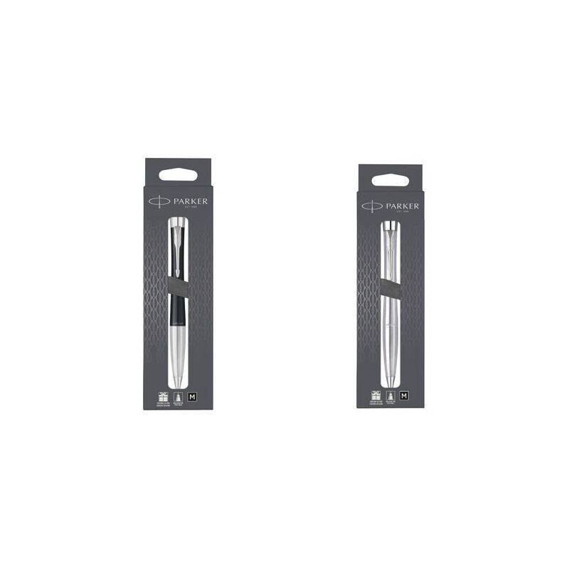 Zwei Parker-Federmäppchen nebeneinander, wobei jedes einen silbernen Füller durch ein transparentes Fenster präsentiert. Die Verpackung ist dunkel mit Markenlogos.