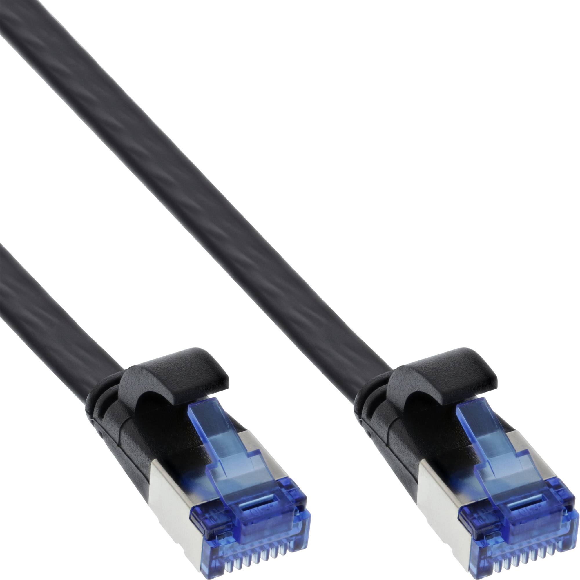 Zwei schwarze Ethernet-Kabel mit blauen RJ45-Steckern auf weißem Hintergrund.
