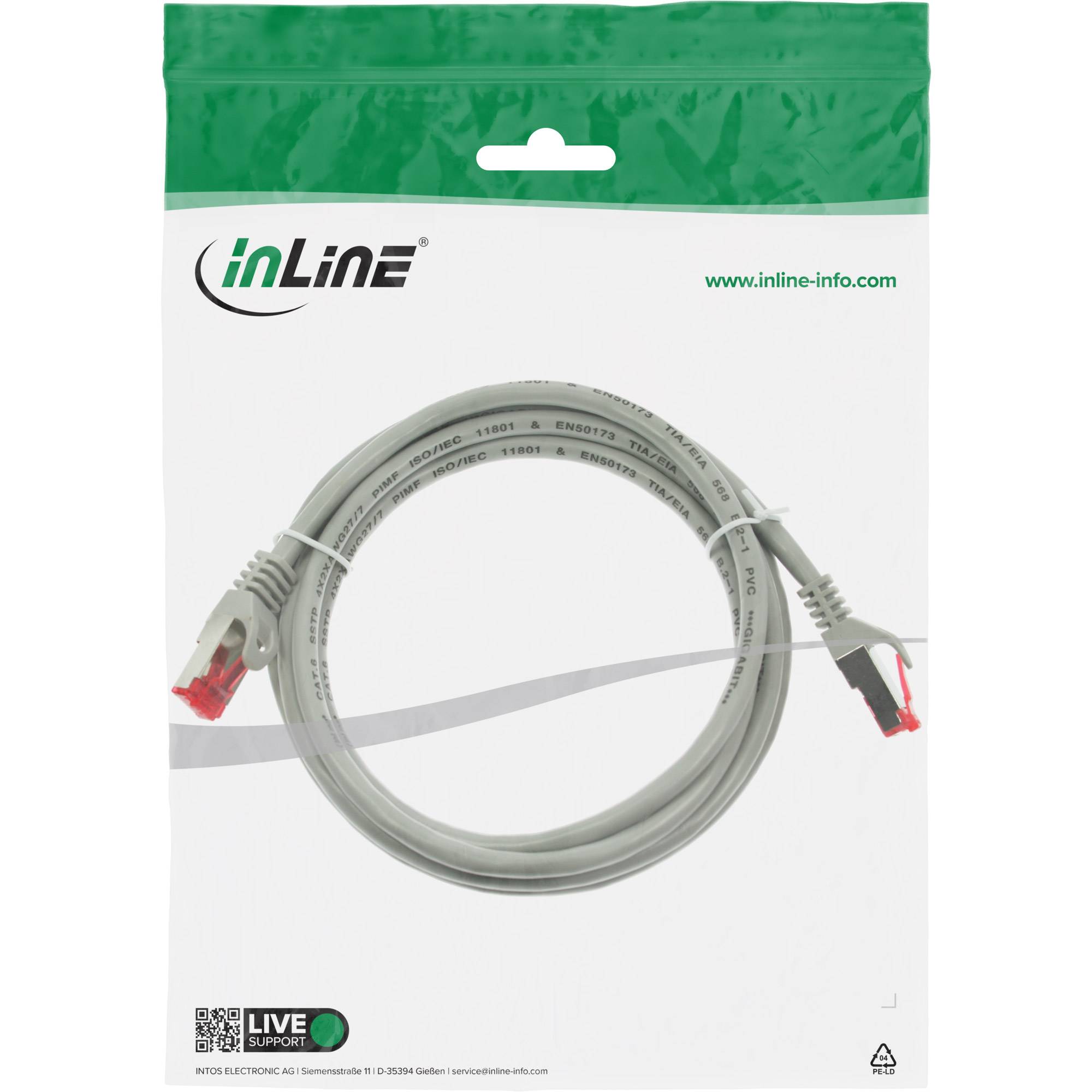 Verpacktes graues Ethernet-Kabel mit RJ45-Steckern, Marke „inLine