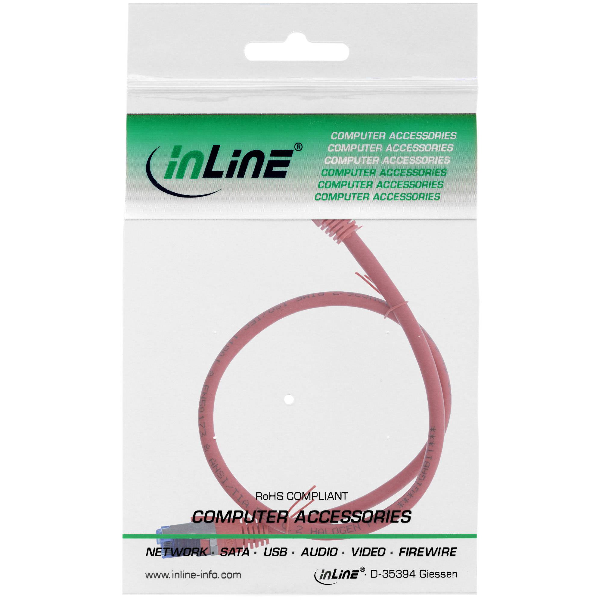 INLINE - Patchkabel - S/FTP (PiMf) - Cat.6A - halogenfrei - rot - 0,25m