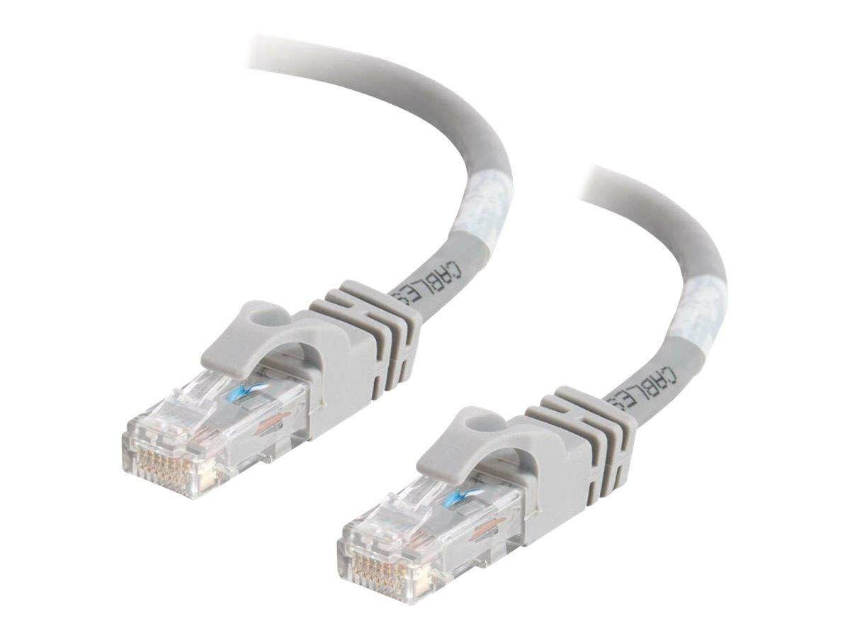 Zwei graue Ethernet-Netzwerkkabel mit transparenten RJ45-Steckern auf weißem Hintergrund.