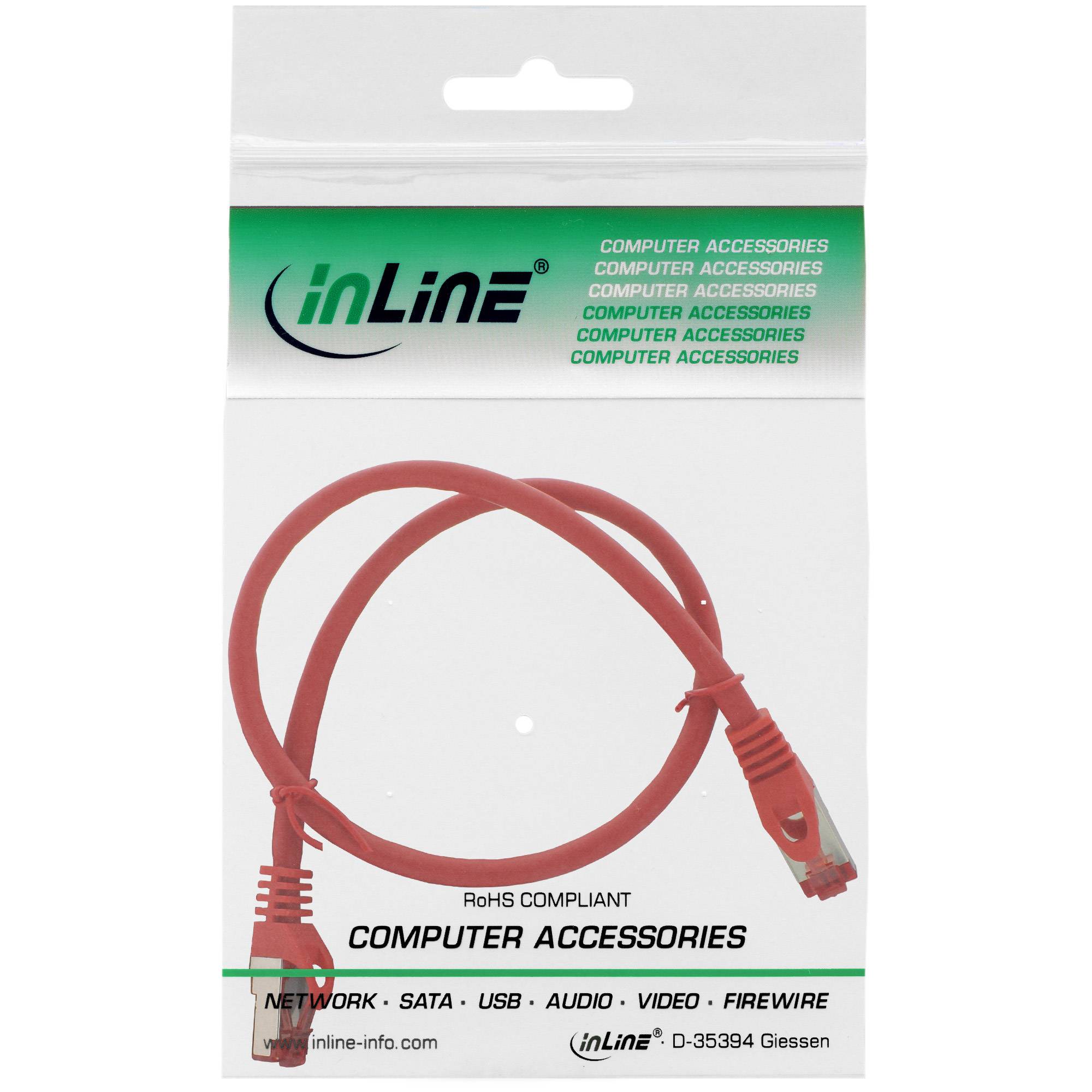 INLINE - Patchkabel - S/FTP (PiMf) - Cat.6 - halogenfrei - Kupfer - rot - 0,5m