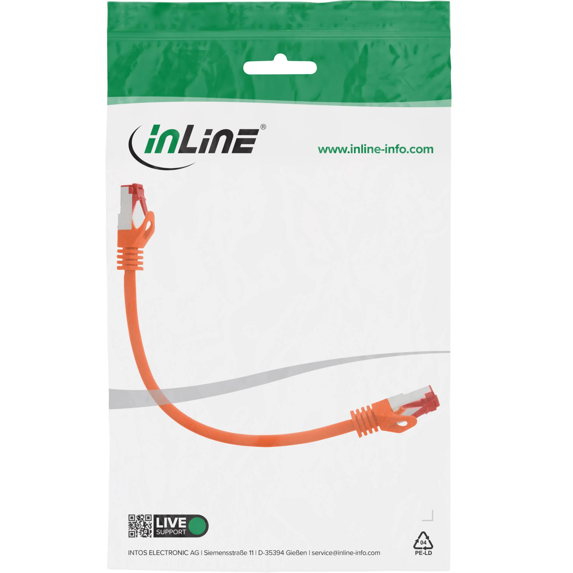 Verpackung für ein inLine oranges Ethernet-Kabel mit Anschlüssen und der Website 'www.inline-info.com'.