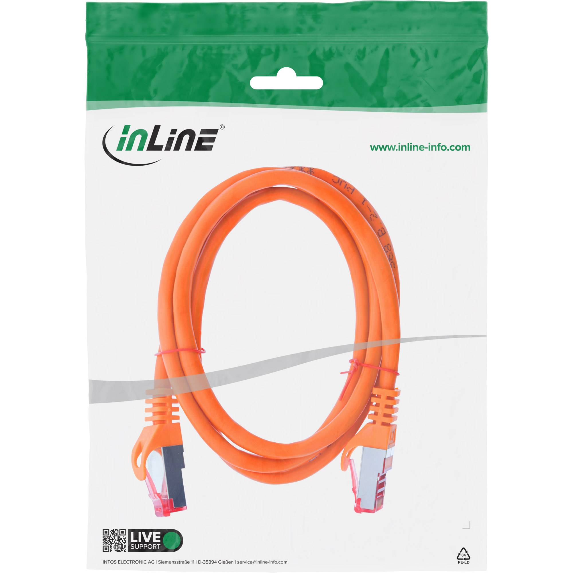 INLINE - Patchkabel - S/FTP (PiMf) - Cat.6 - 250MHz - PVC - Kupfer - orange - 1m