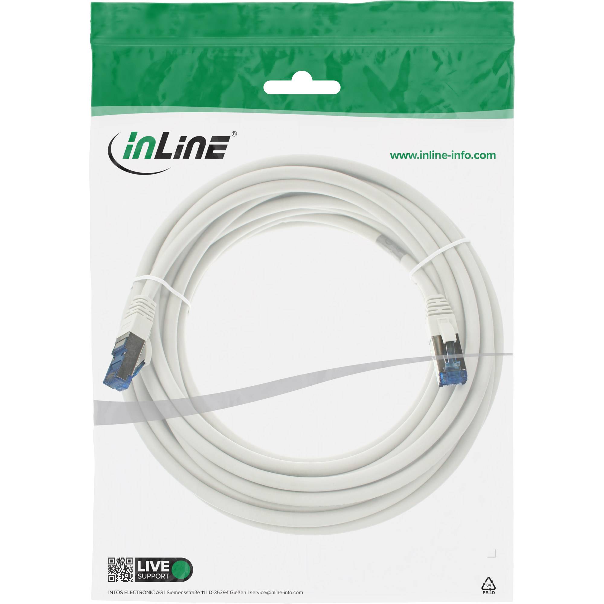Weißes Ethernet-Kabel mit blauen Steckern in grün-weißer InLine-Einzelhandelsverpackung, gekennzeichnet mit „inLine