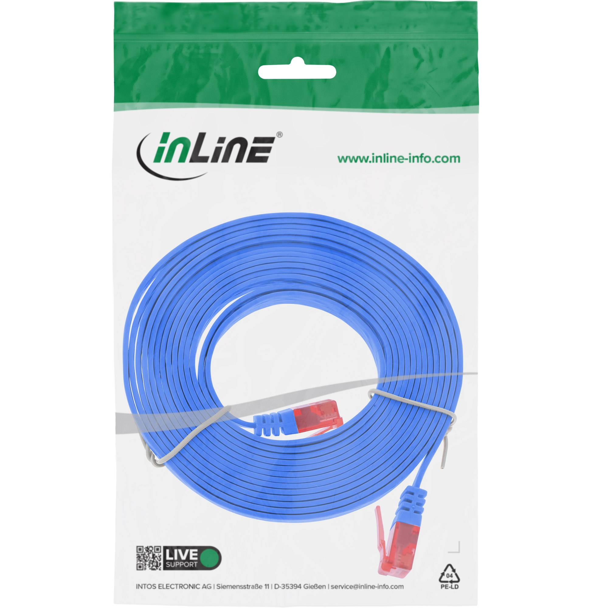 Verpackte blaue Ethernet-Kabelrolle mit transparenten roten Steckverbindern, mit der Marke „inLine
