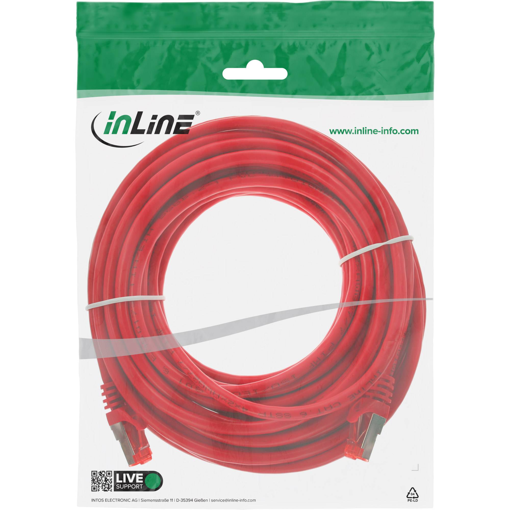 Aufgerolltes rotes Ethernet-Kabel in einer inLine-Einzelhandelstasche verpackt, mit sichtbarem Markenlogo und Website.