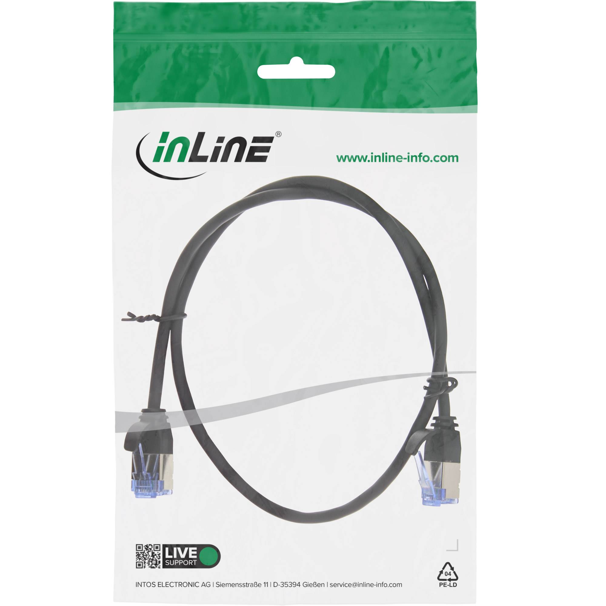 Verpacktes schwarzes Ethernet-Netzwerkkabel mit RJ45-Steckern, mit der Marke „inLine" und der Website „www.inline-info.com"" auf der Verpackung.