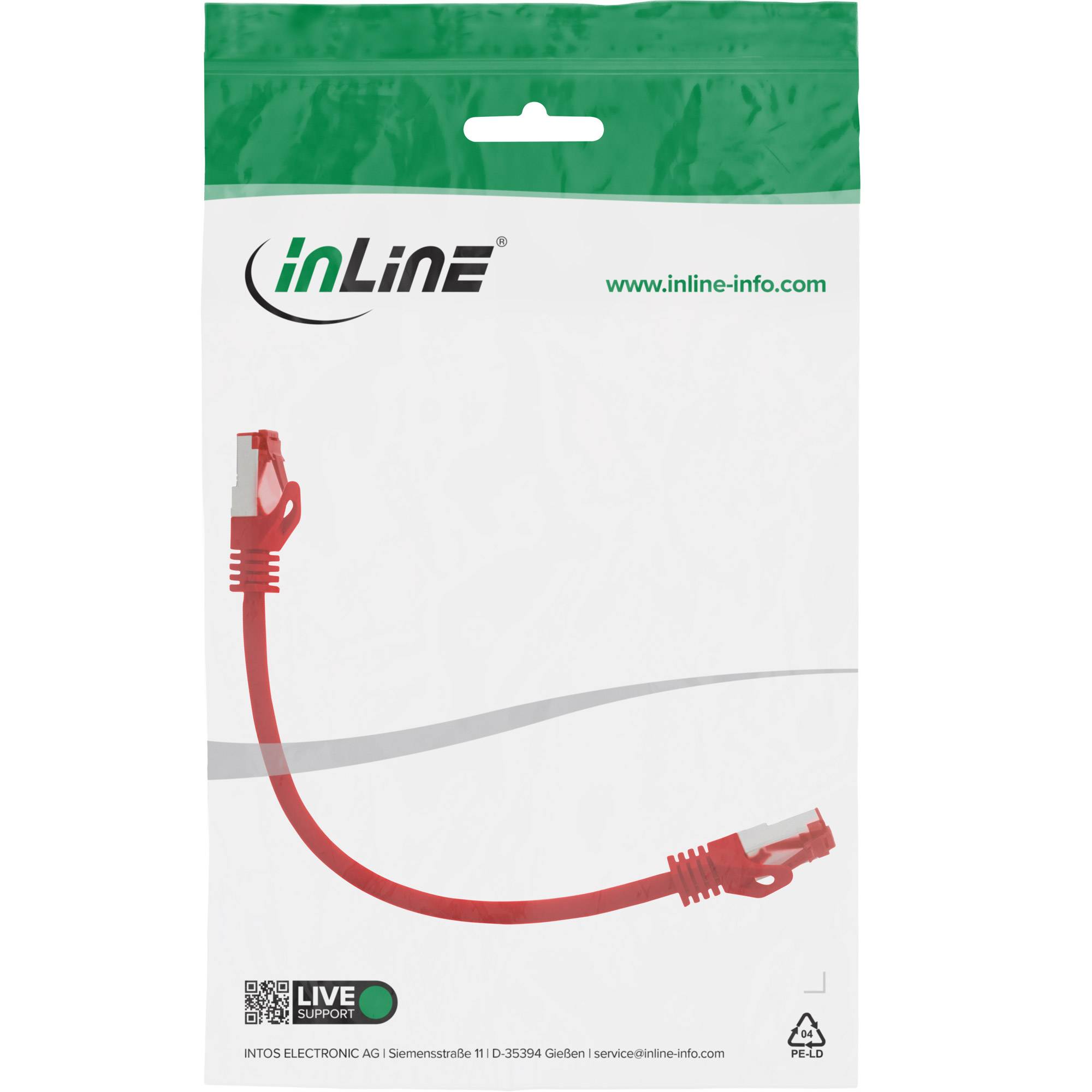Verpackung für ein rotes Inline-Ethernet-Kabel mit Markenlogo, Website und einem roten Kabel mit RJ45-Steckern.