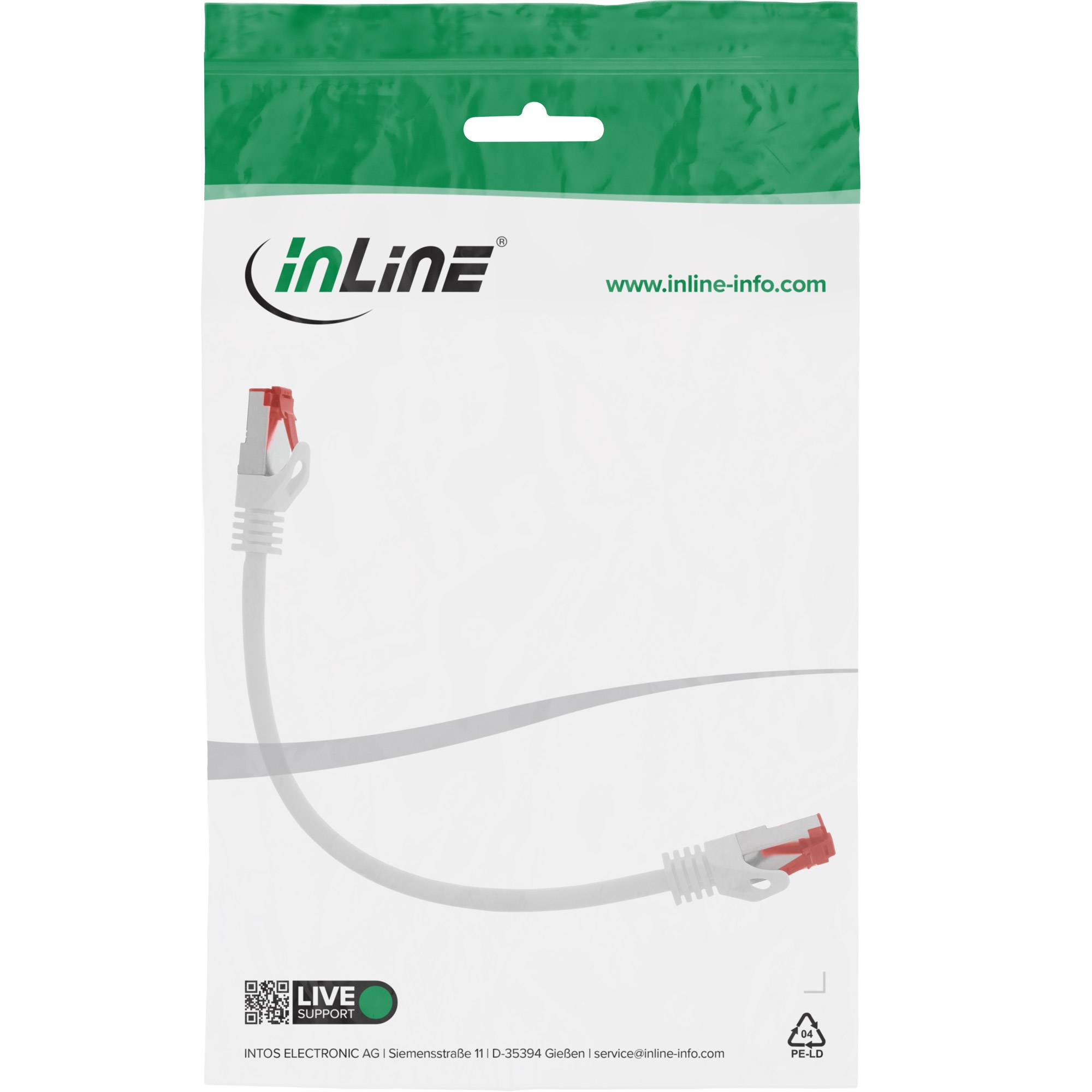 Verpackung für ein inLine Ethernet-Kabel, das das inLine-Logo, die Website, eine Kabelgrafik und ein „LIVE SUPPORT