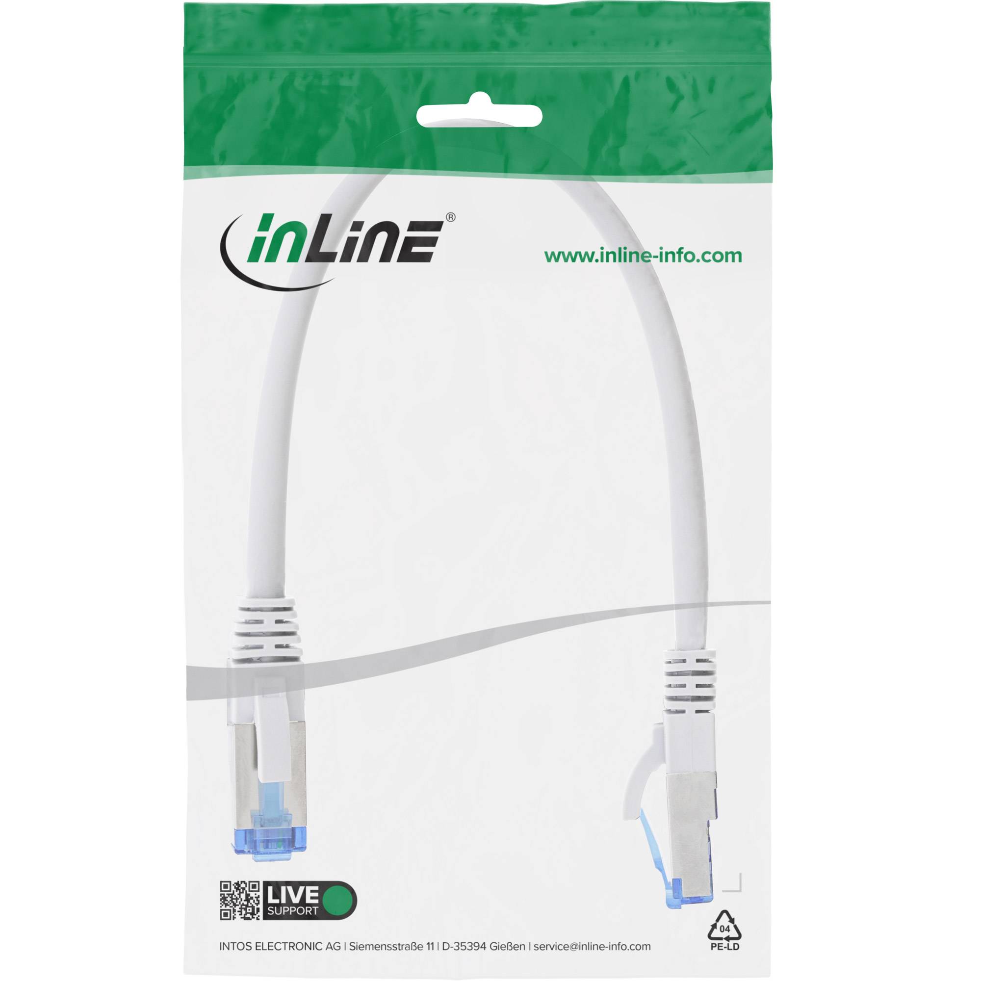Paket eines inLine-Ethernet-Kabels mit zwei RJ45-Steckern, gezeigt in klarer Einzelhandelsverpackung mit Markenlogo und Website.