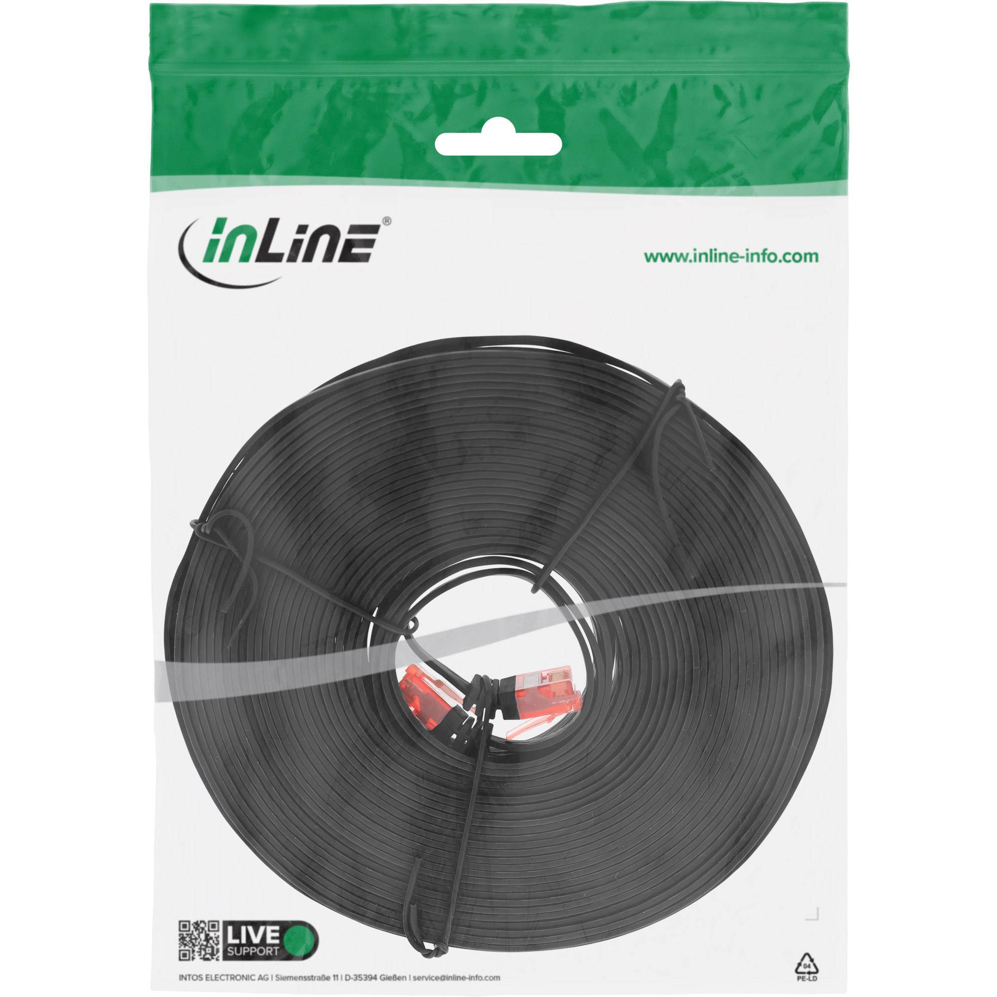 Verpackte inLine-Stromkabelrolle in Schwarz auf weiß-grünem Einzelhandelshintergrund, mit inLine-Logo und Website auf der Vorderseite bedruckt.