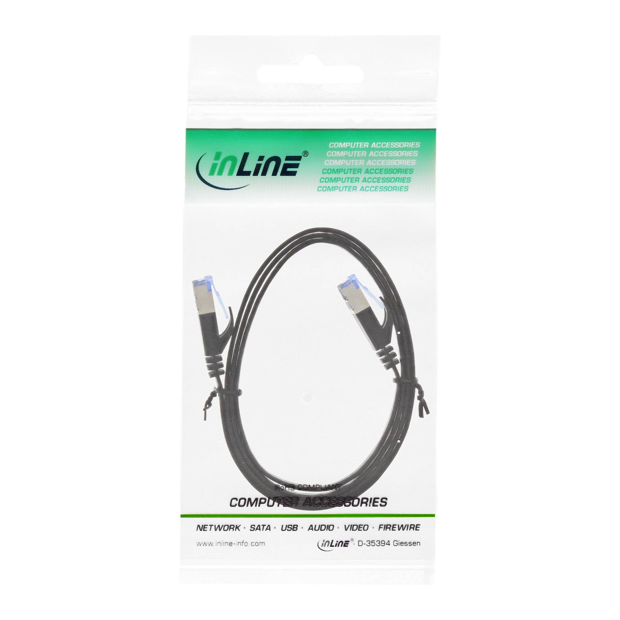 Verpacktes Inline-Computer-Zubehörkabel mit zwei durchsichtigen Steckern, wahrscheinlich ein Netzwerk-/USB-/Audio-/Firewire-Kabel auf weißer Verpackung.