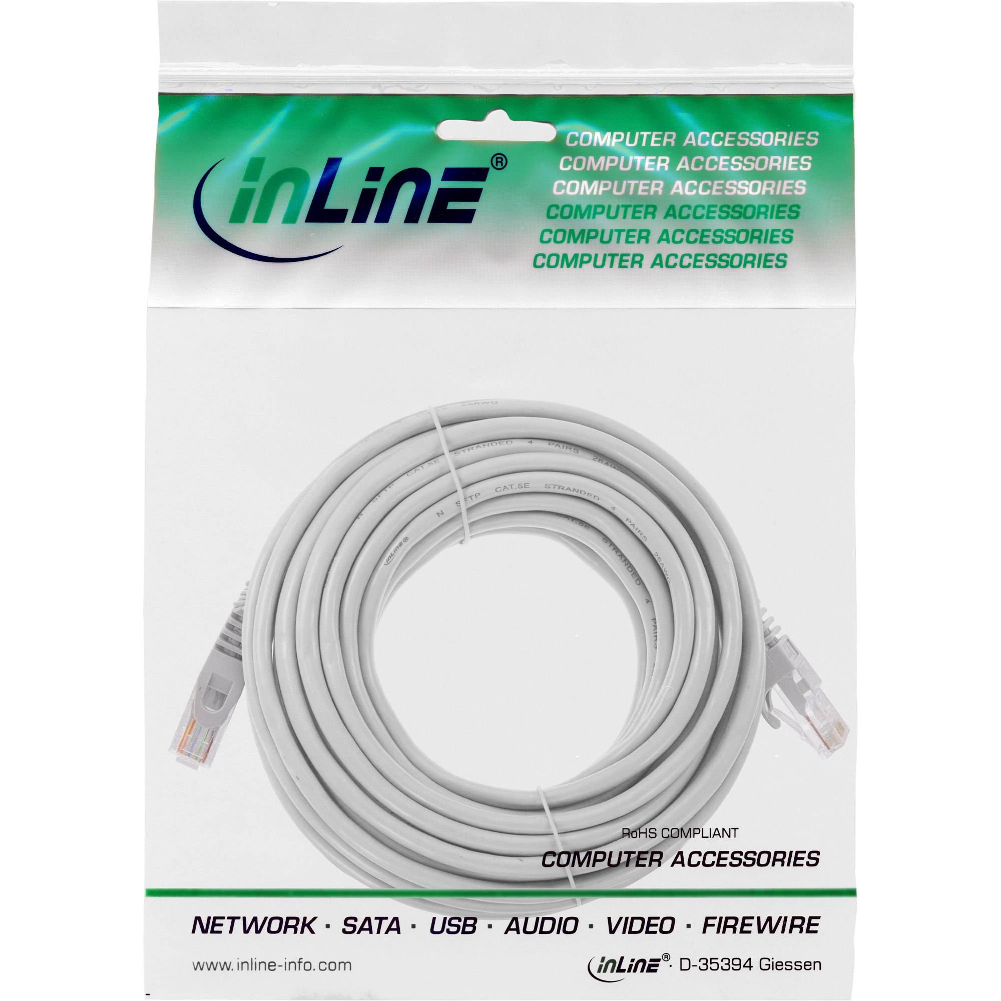 Aufgerolltes weißes Ethernet-Kabel in Verpackung mit der Bezeichnung "inLine"" und ""COMPUTER ACCESSORIES"", mit sichtbaren RJ45-Steckern.
