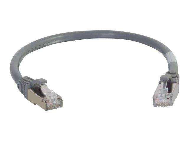 Ein graues Ethernet-Netzwerkkabel mit RJ45-Steckern an beiden Enden, dargestellt vor weißem Hintergrund.
