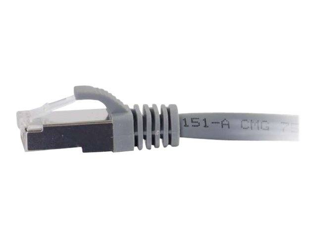 Nahaufnahme eines grauen Ethernet-Kabelsteckers mit einem transparenten Kunststoffclip und gedruckter Kabelmarkierung auf weißem Hintergrund.